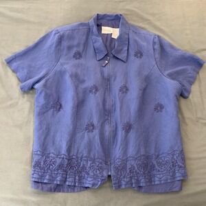 Halmode Plus Blouse Womens 20W Blue Linen Blend Embroidered Zip Front Lined